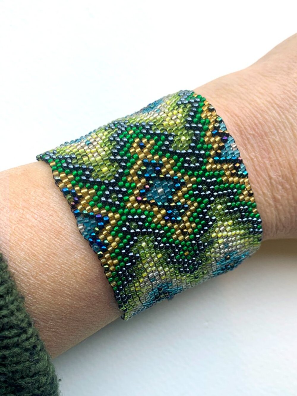 Handmade Wide Seed-Bead Cuff Bracelet with Geometric Design
